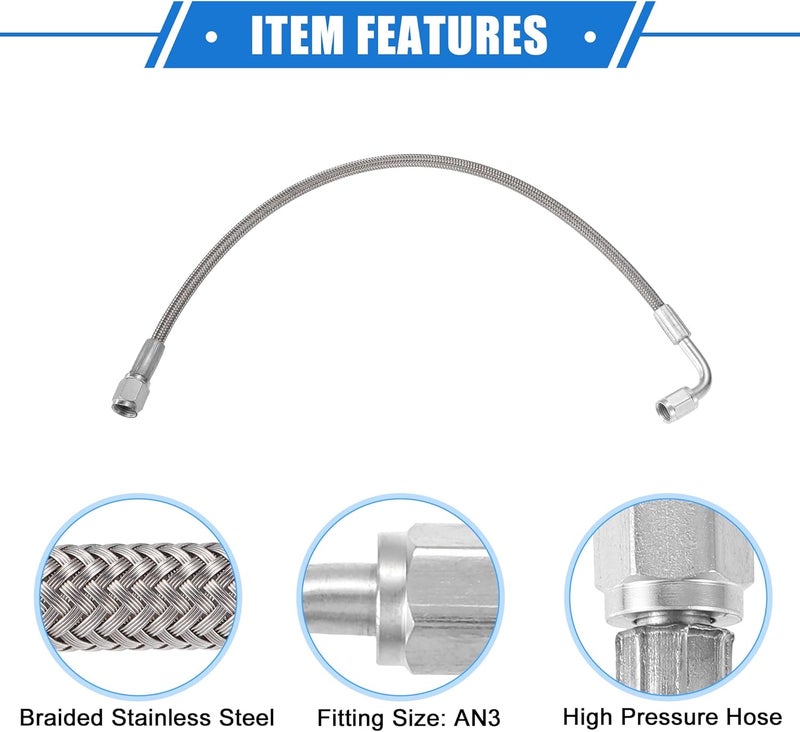 VekAuto AN3 Braided Steel Turbo Oil Feed Line 90 Degree to Straight Hose End, 15" Remote Turbocharger Oil Drain Return Line Universal for Car Durable Stainless Steel PTFE Silver Tone - Image 4